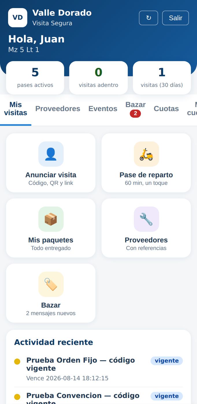 Pantalla del residente: anunciar visita, pase de reparto, paquetes y cuotas